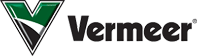 Logo of Vermeer Corporation with a stylized green "V" above the word "Vermeer" against a grey striped background.