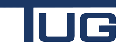 Logo consisting of the letters "UG" in bold blue font on a white background.