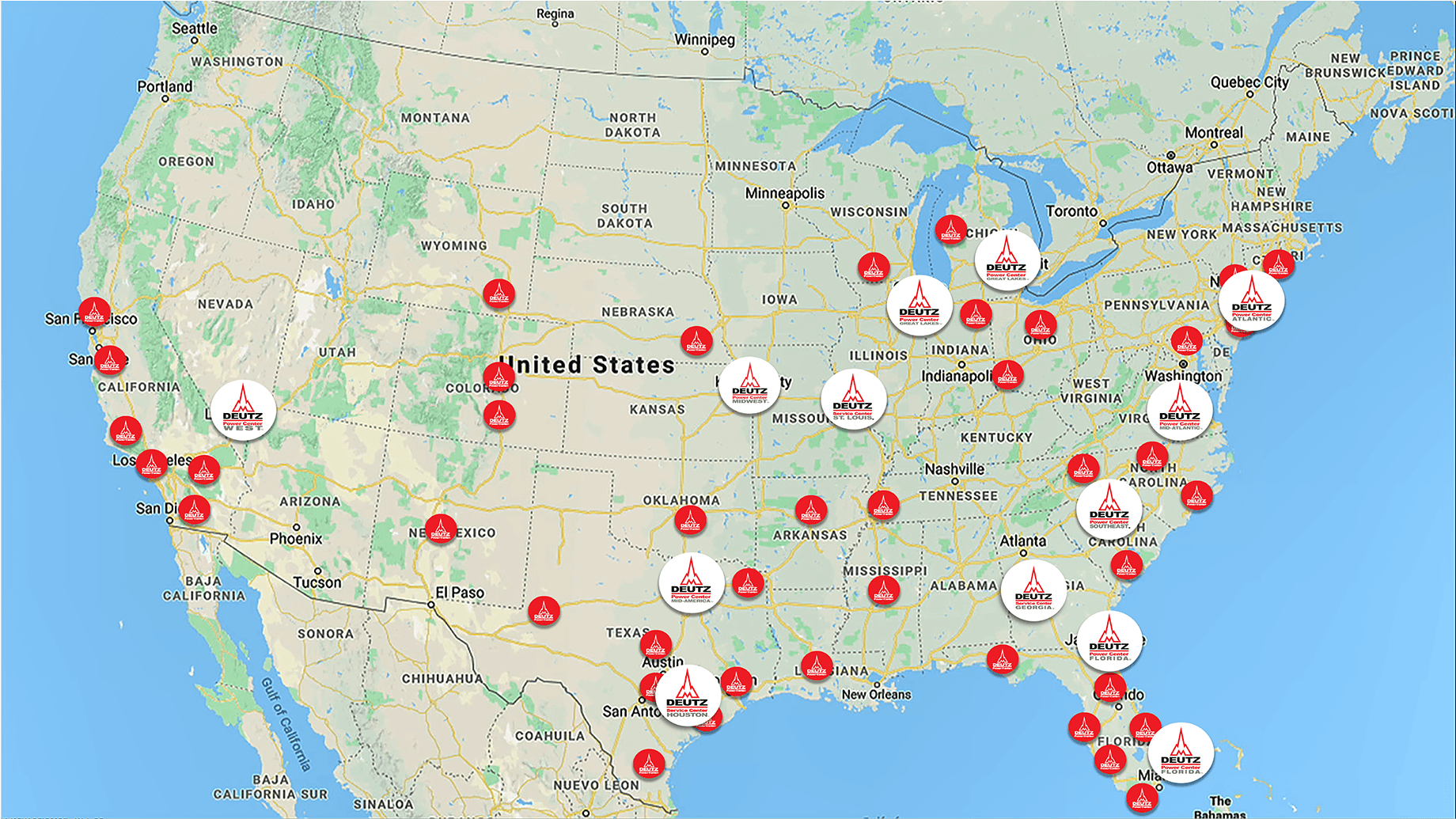 Map showing Deutz service locations across the United States.